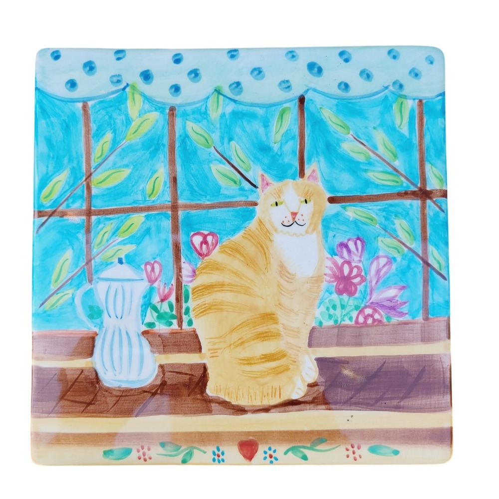 CIC Certified International Corp‎ Cat Plate Decorative Square Collectible Orange
